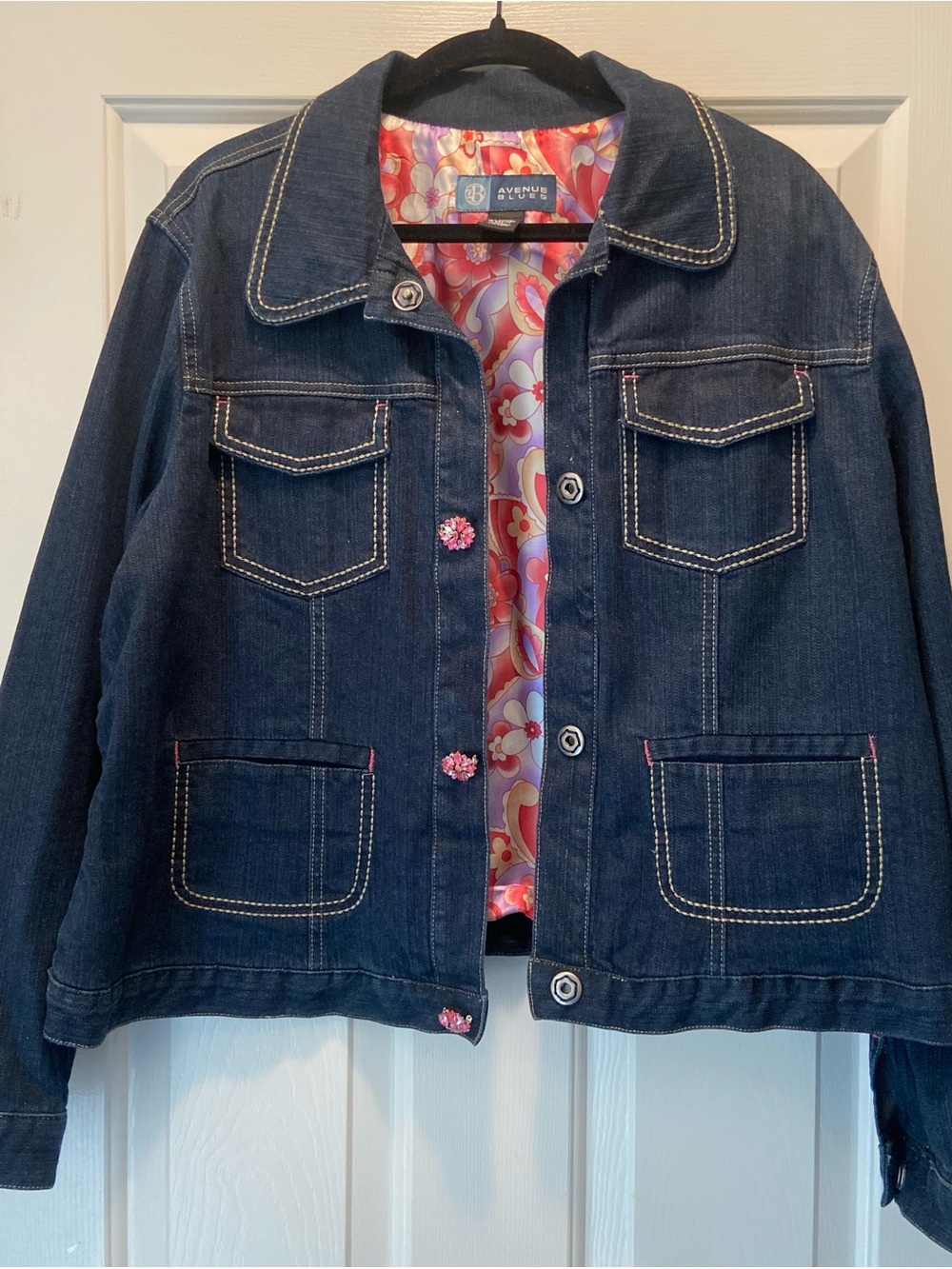 Avenue Dark Blue Denim Jacket with Pink Floral Lining